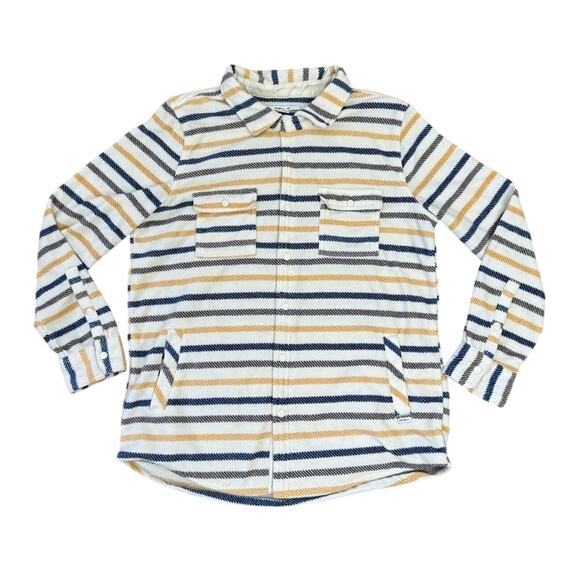 O’Neill Striped Fleece Shacket Womens Medium Pearl Snap Shirt Jacket Yellow Blue - Picture 1 of 8